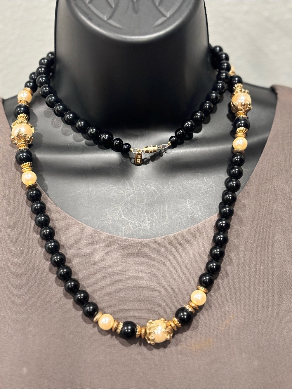 1928 vintage Long Black Beaded Necklace with Gold Accents - Women Jewelry